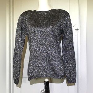 Adrienne Vittadini Metallic Silver Glitter Crewneck Women's Top